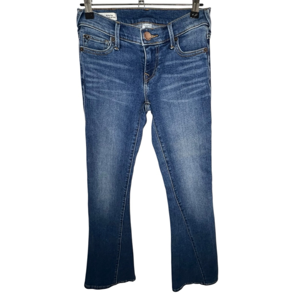 True Religion Medium Wash Mid Rise Flare Denim Jeans With Angled Stitching